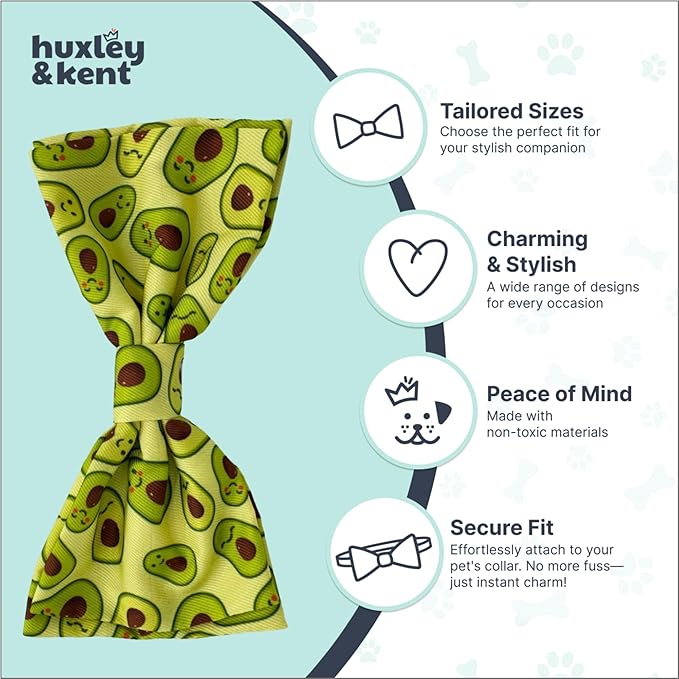 Huxley & Kent Pet Bow Tie for Dogs & Cats - Adjustable Hook & Loop Collar Accessory - Cute & Comfortable for Holidays & Celebrations - Happy Avocados, Small