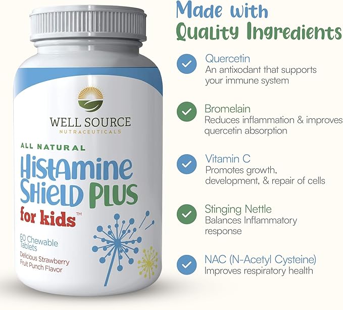 Natural Antihistamine Supplement, Sinus & Allergy Relief for Pollen, Pet Dander, Dust, Mold, and Odors, 60 Strawberry Fruit Punch Chewable Tablets