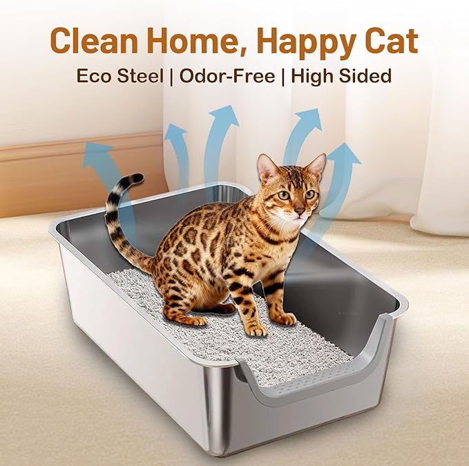 Stainless Steel Cat Litter Box, Steel Litter Pan with Curved Low Entry, Leak Proof 6 Inch High Side for Urine, Easy Entry for Kittens Older Cats, No Slip, 23.6" x 15.7" x 7.9", Grey