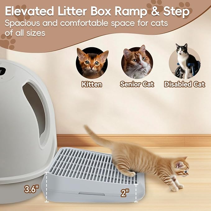 Elevated Litter Box Ramp/Steps for Kittens & Old Cats,Washable Litter Catcher Stairs for Automatic Cat Litter Box,Anti-Tracking Cat Litter Mat Pedal with Filter,Easy to Clean (Light Grey)