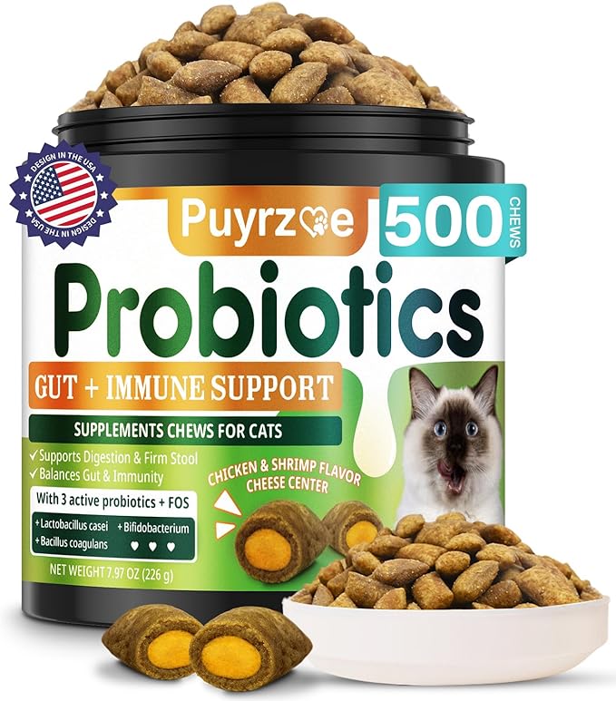 Cat Probiotics & FOS Chews - Digestive + Gut Support, 500 Crunchy & Creamy Chews, Constipation Relief + Nutrient Absorption + Immune, Daily Probiotics Chews for Cats Kittens (Chicken Shrimp)