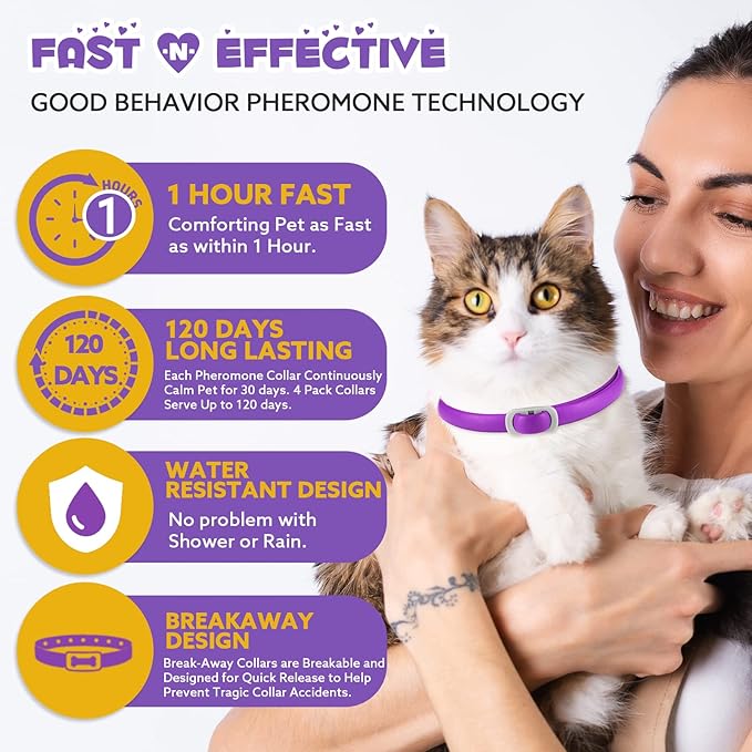 Calming Collar for Cats 4 Pack, Cat Pheromone Collar18 Inch Adjustable Rapid Effect, Breakaway Calming Collars120 Day Purple for Small, Medium Large Cat, Stress Relief & Anxiety Control for Cats
