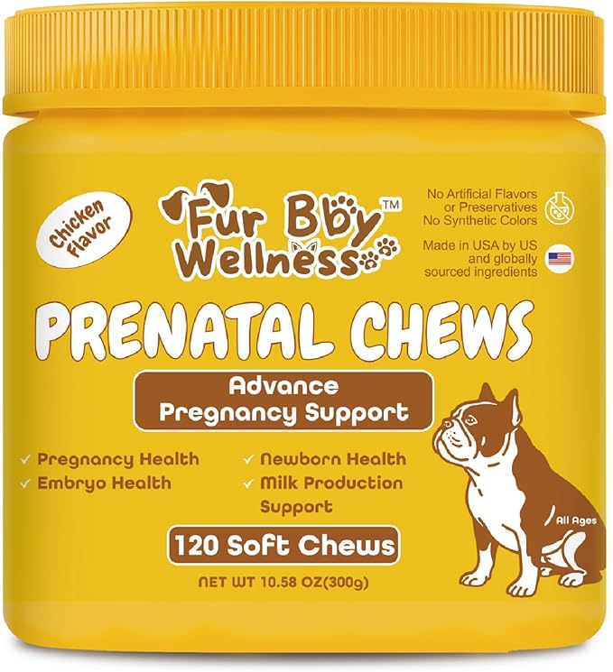 Dog Prenatal Vitamins - Supports Healthy Pregnancy, Puppy Growth & Lactation - with Folic Acid, Iron & Calcium - Advanced Supplement for Pregnant & Nursing Dogs - 120 Soft Chews