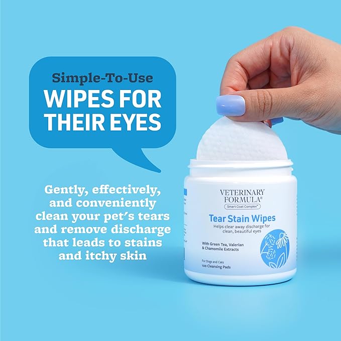 Veterinary Formula Smart Coat Complex Eye + Face Wipes for Dogs & Cats, 100 ct – Gently Remove Tear Stains, Clean Facial Fur & Eye Discharge, Fragrance-Free, Pre-Moistened