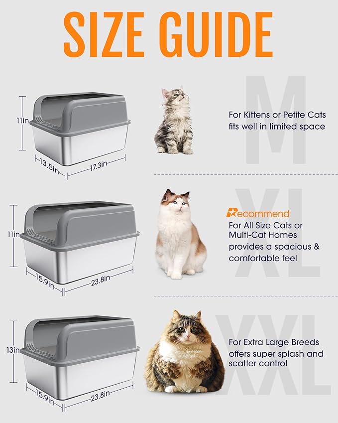 Stainless Steel Cat Litter Box, Metal Litter Box with Scoop, High- Sided, Anti-Leakage Top Entry, Non-Sticky, Easy to Clean, White, M (1 Pack)
