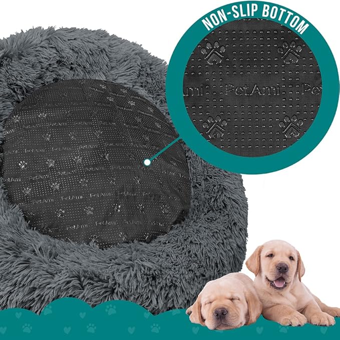 PetAmi Calming Dog Bed for Small & Medium Dogs and Cats, 23 Round Donut Dog Bed, Washable Fluffy Faux Fur Puppy & Cat Bed, Anti-Anxiety Plush Cuddler Pet Bed with Anti-Slip Bottom - Dark Gray