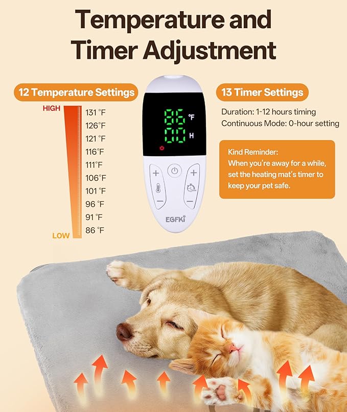 Ringco Pet Heating Pad for Cats & Small Dogs with 12 Adjustable Temperature, Waterproof & Chew Resistant Cat Heating Pad with Timer, Heated Cat Bed with Fleecy Cover (S: 20” x 16”)