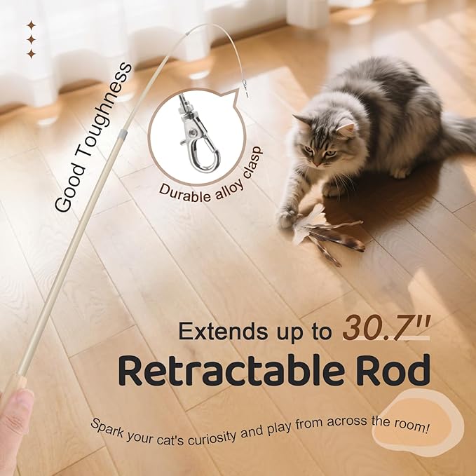 SONGWAY Interactive Cat Feather Toys - Cat Wand Toy Set with Retractable Teaser Wand and 6 PCS Natural Feather Refills, Da Bird Cat Toys for Indoor Cats Kittens