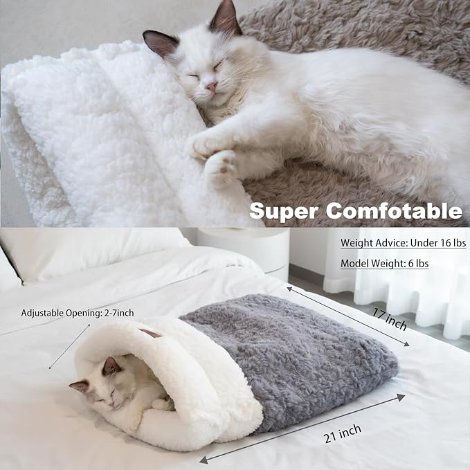 Cat Bed Cave 4 in 1 Cat Sleeping Bag Cute Self Warming Cat Cave with Plush Portable Snuggle Sack/Hideway for Indoor Cats & Small Pets Coffee 21×17 Inch