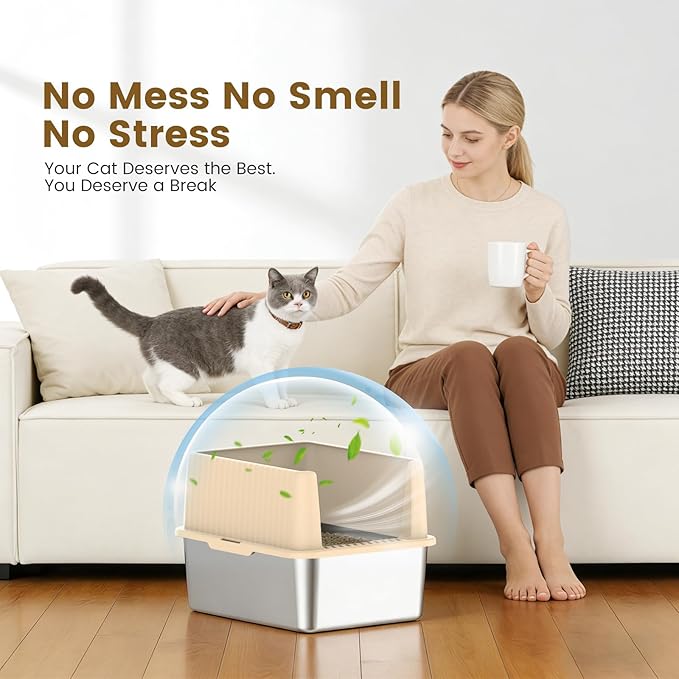 Small Stainless Steel Cat Litter Box - 11.8" High Sided, Open-Top Design, Low Entry for Kittens & Small Cats, Anti-Leak & Easy to Clean, Compact Space-Saving Size(17.3" L x 13.4" W × 11.8" H)