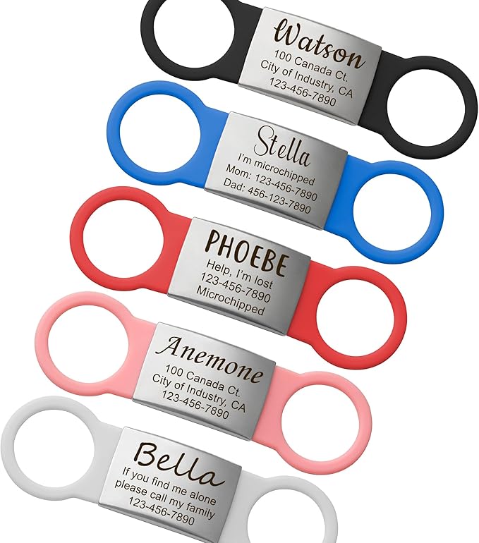 Anavia Slide On Silent Pet ID Tags Cat Dog Name Tags, Multi-Color Silicone Band Personalized Engraved Stainless Steel Tag, Customized Chew-Proof Quiet Dog Collar Tags (Small, Black)