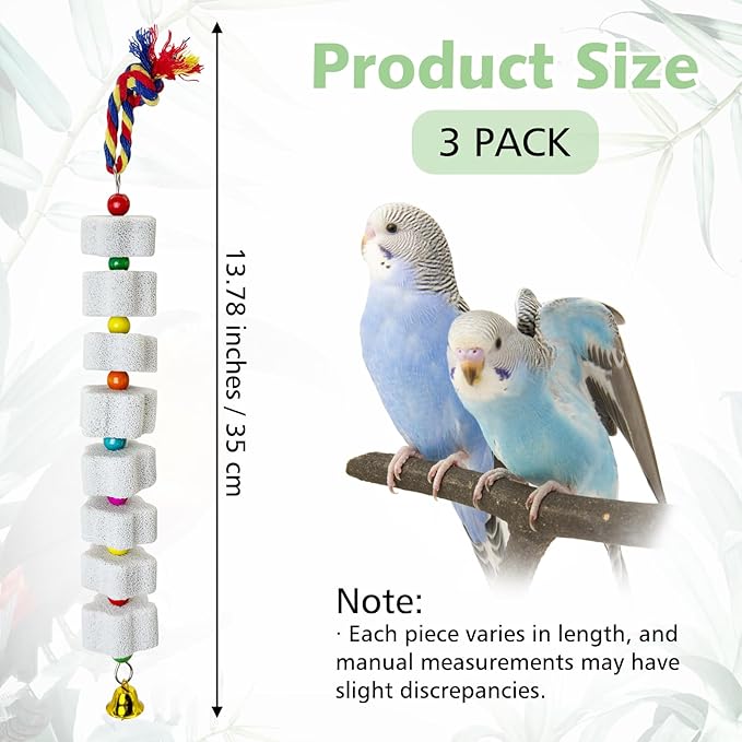 3 Pack Bird Chewing Toy Lava Calcium Bird Beak Grinding Stone with Bell Hanging Parakeet Cage Accessories for Parrot Budgies Hamster Chinchilla Rabbit African Grey