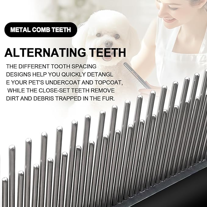 Professional Pet Rake Comb with Solid Wood Handle Fine Tooth Comb Metal Flea Comb Pet Grooming Tool for Dogs and Cats Remove Loose Hair Tangles Dirt Fleas