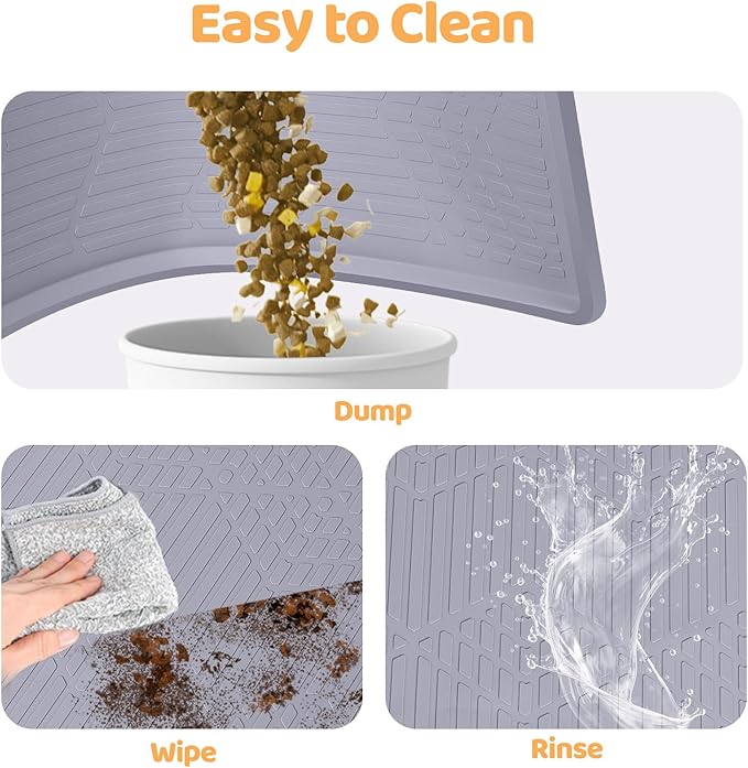 Cat Food Mat with Toy Ball, 38'' x 25'' Extra Large Silicone Pet Feeding Mat with Raised Edge Pet Placemat for Food and Water Bowl Non-Slip, Easy to Clean, Floor Protection (Grey)