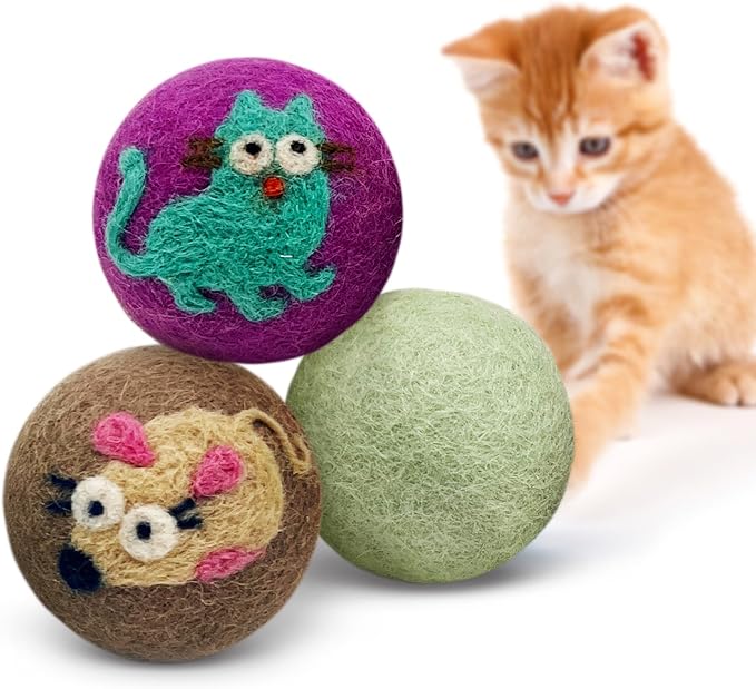 Hustle & Blush Love Ewe Felted Cat Toys 3 Pack - 2 Inch Cat & Mouse Hand Made Cute & Fun Design Kitten Wool Felt Balls for Indoor Play & Exercise - 100% New Zealand Handmade Felted Balls