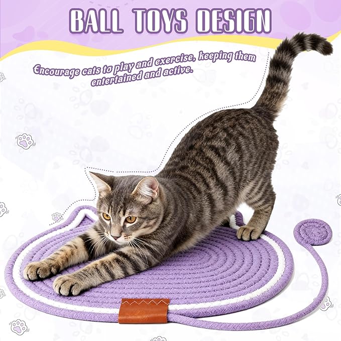 2 PC Cat Scratcher Mat - Natural Cotton Rope Oval Horizontal Scratch Pad (11''x13.7'') with Dangling Ball Toy, Cat Ear Design, Furniture Protector for Floor/Wall, Durable Handmade (White, 2 PC)