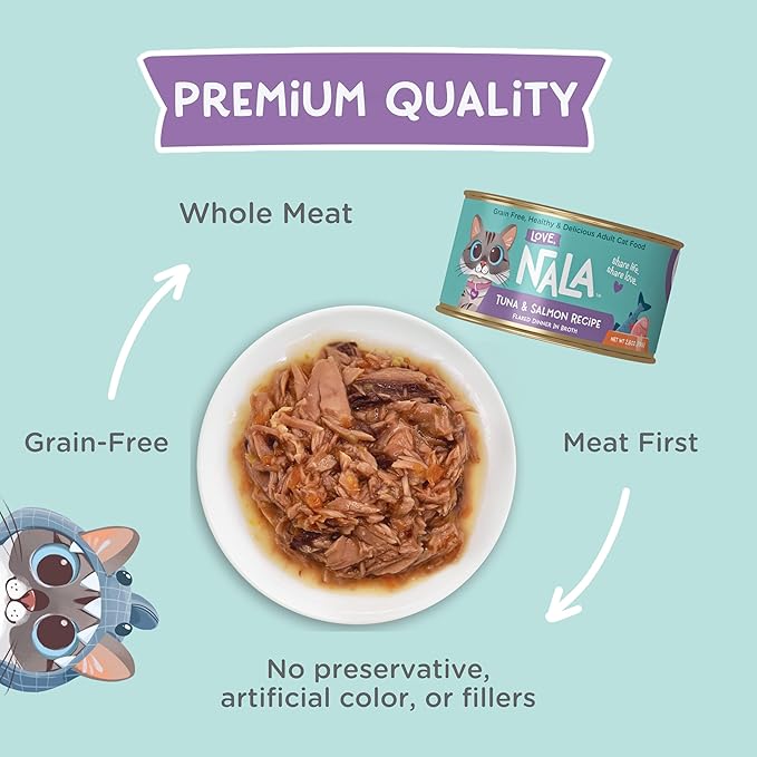 LOVE, NALA - Tuna & Salmon Flaked in Broth - 24 Pack, 4.8 lbs - Natural Adult Cat Wet Food Flaked -Grain Free, Non-GMO, Lean Protein, Added Minerals & Vitamins