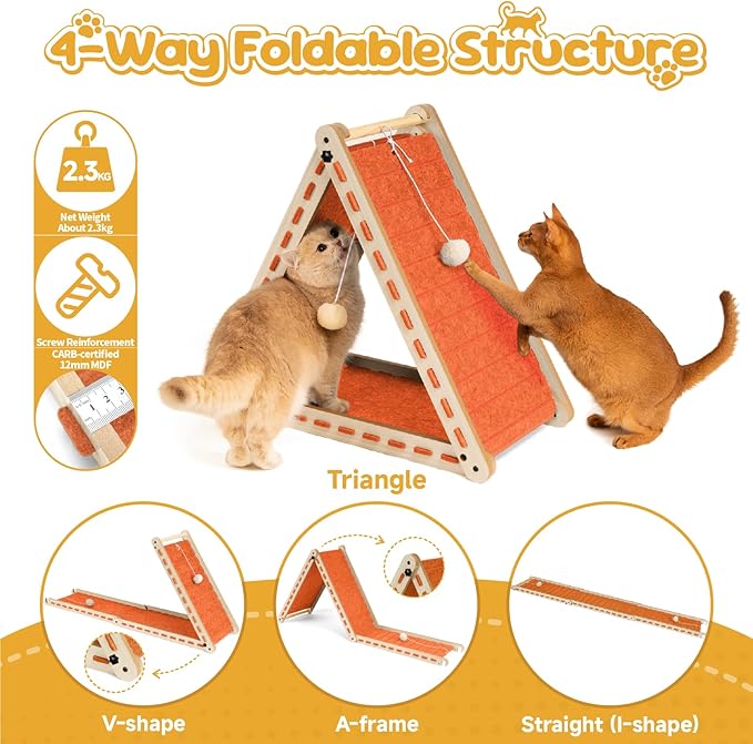 Cat Scratcher with Ball Toy Foldable Cat Scratch Pad Felt Triangle Scratchers for Indoor Cats Large Cat Scratching Board Mat Cats Scratch Furniture Protector Kitten Toys Orange