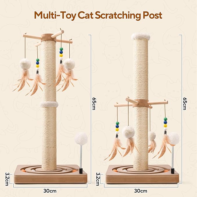 25 Inches Cat Scratching Post with Interactive Toys, Sisal Cat Scratch Post with Sturdy Ball Track Base for Indoor Cats and Kittens