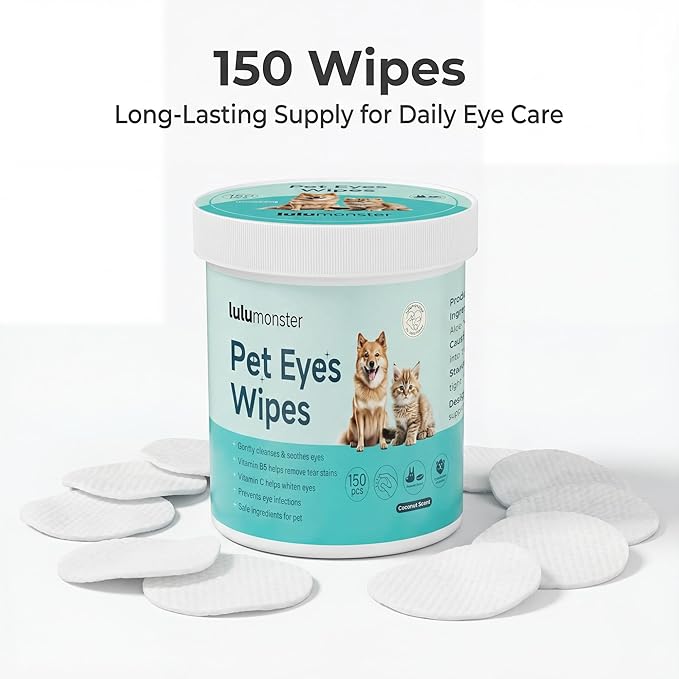 Dog Eye Wipes for Tear Stains – 150 Count Textured Pads with Vitamin B5, C & Aloe – Gently Removes Discharge, Mucus & Crust – Whitening & Soothing Grooming for Cats & Dogs