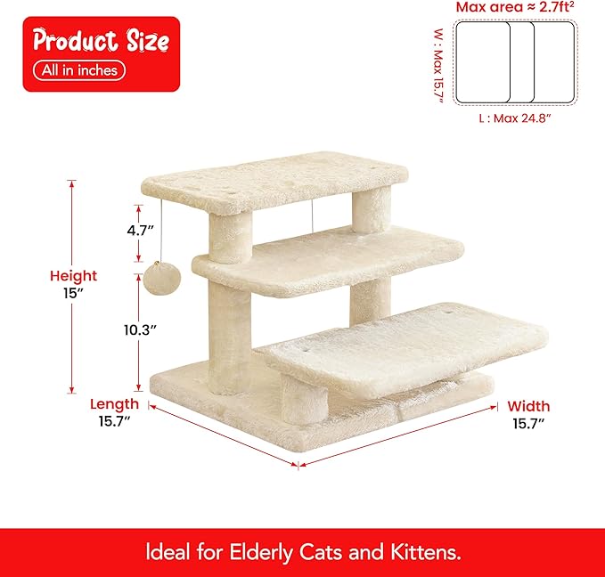 15''H Multi-Step Pet Stairs for High Beds & Sofas, 3-Step Cat Stairs with 2 Toy Balls, Wide Boards for Indoor Kittens Dogs Pets Climbing, Beige