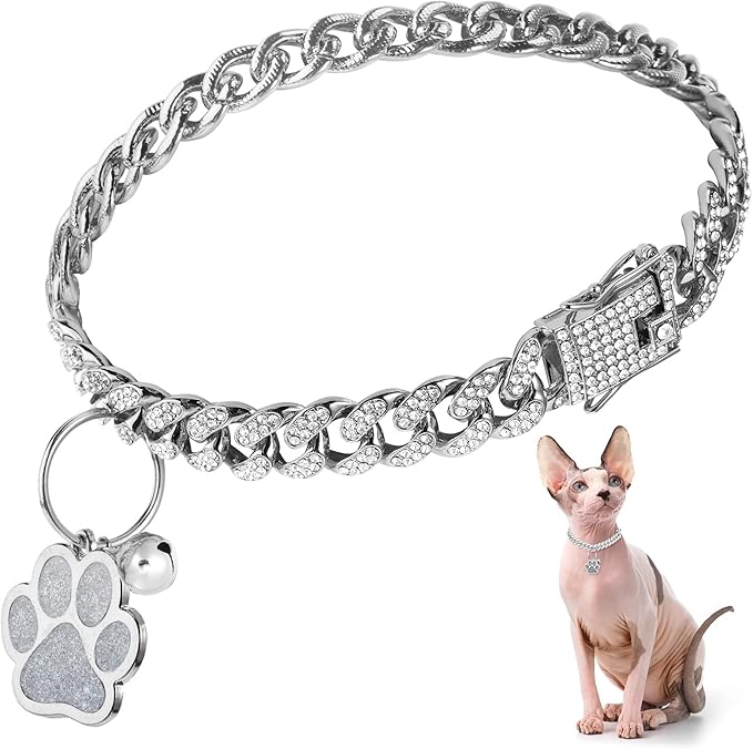 Hillban Cat Collar Diamond Chain Glitter Collar Walking Metal with Secure Buckle Cat Pet Necklace with Paw Charm and ID Tag Bell Link Cuban Jewelry Accessories Gift(8 Inch,Silver)