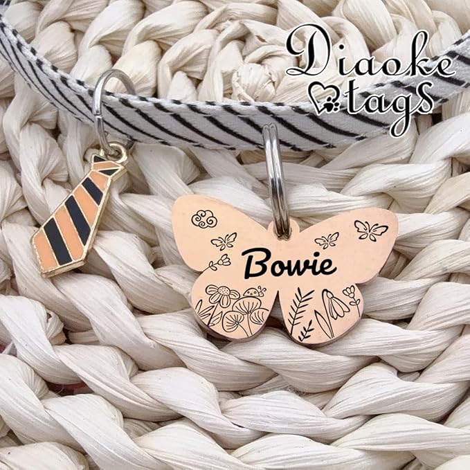 Personalized Dog Tags and Cat Tags, Stainless Steel Pet ID Tags, Collar Charm Engraved on Both Sides, up to 4 Lines of Custom Text, Various Patterns and Colors Options (Butterfly)
