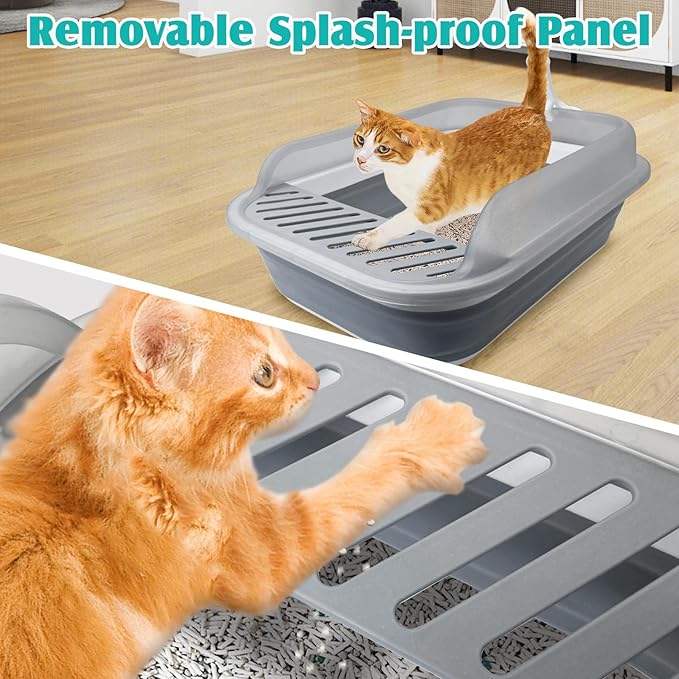 VCEPJH Collapsible Litterbox with High Sides Small Cats Litter Pan with Scoop Open Cat Litter Box Portable Travel Kittens Toilet Kitten Starter Kit for Kittens Adult and Elderly Cats (Grey)