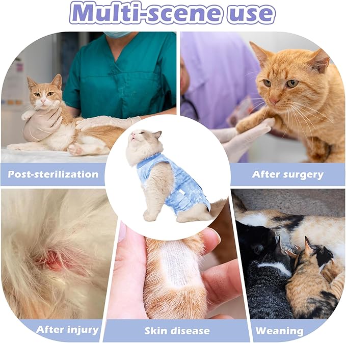 2 Pack Cat Surgery Recovery Clothes for Female and Male, Soft Cat Spay Shirts Suit, Comfortable Kittens Pajamas Onesie, Adjustable Fit to Stop Licking, Blue L