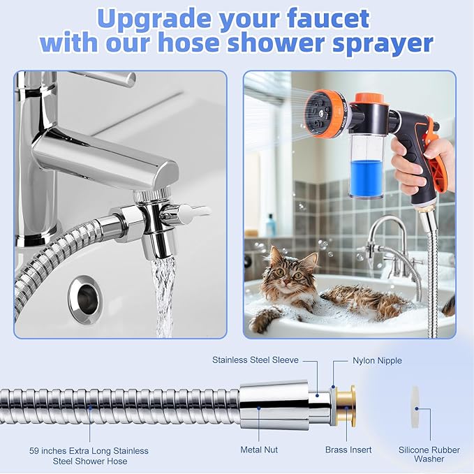 Dog Washing Hose Attachment with Dog Towels for Drying Dogs Large, Bathtub Faucet Sprayer Attachment with Long Hose, Pup Sprayer for Tub Faucet, Indoor Dog Wash Shower Attachment