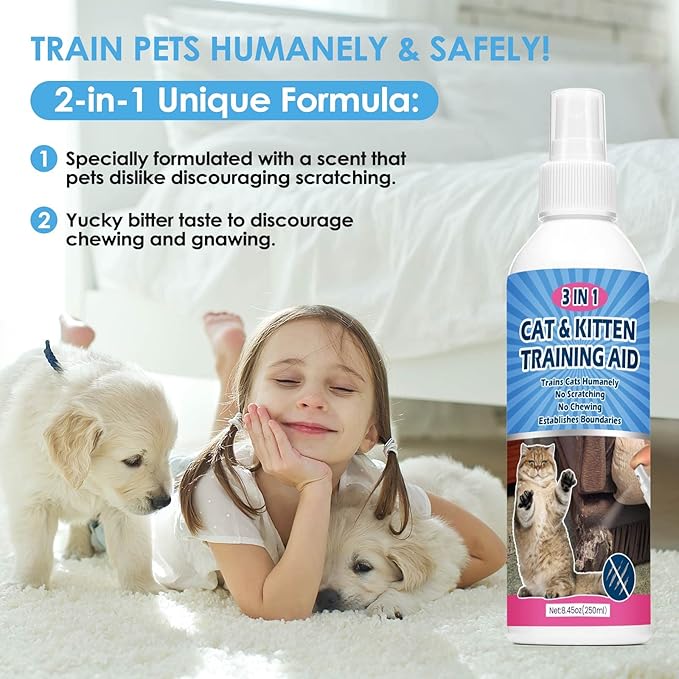 Natural Cat Deterrent Spray, 8.45 FL Oz Cat Repellent Indoor for Cat and Kitten, Anti-Scratch Cat Training Spray for Furniture, Curtain, Floor & Plant, Indoor & Outdoor Use