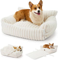 Cute Cat Bed with Removable Cover, Multifunctional Plush Faux Fur Pet Couch Bed with Blanket, Ultra-Soft Pet Furniture for Cats & Small Dogs (Cream, M: 32''x24'')
