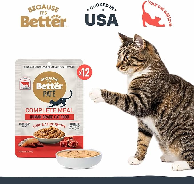Because It's Better Pate Complete Meal, Turf & Surf Recipe, 2.6 oz Pouches, Wet Cat Food, 12 Count