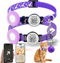 4-in-1 Safety Cat Collar: Glow in The Dark, Reflective, QR Code ID & Airtag Holder | Breakaway Collar with Bell & Moon Star Pendant, 2PCS Adjustable Safe Kitten Collars (Purple)