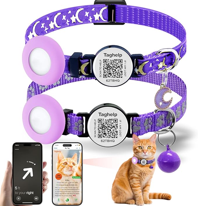 4-in-1 Safety Cat Collar: Glow in The Dark, Reflective, QR Code ID & Airtag Holder | Breakaway Collar with Bell & Moon Star Pendant, 2PCS Adjustable Safe Kitten Collars (Purple)