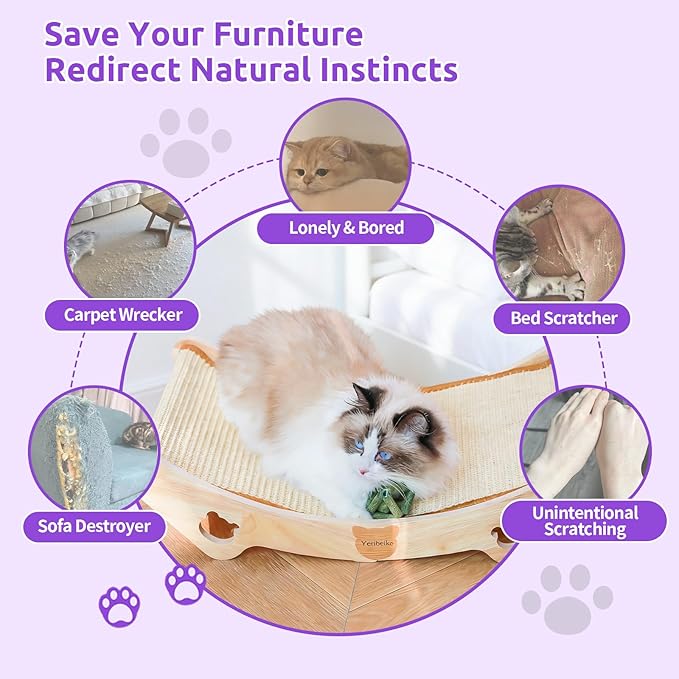 Upgraded Sisal Cat Scratcher Bed, Solid Oak Frame 1.3 cm Thick, 100% Sisal Pad, Curved Scratch Lounger, Stable Base Up to 36 lb, Sofa Protector, Odor-Free, 23.6" x 13.7"