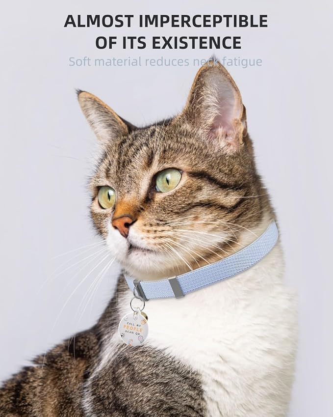 Cat Collar with QR Code Name Tag, Stretch Elastic Quick Release, Cat ID Tag Personalized, Ultra-Durable, Non Breakaway Lightweight Kitten Collar Fits Most Girl Boy Small Large Cats (Blue)