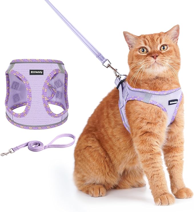 Rttochfy Cat Harness and Leash Set, Escape Proof Kitten Harness, Soft and Breathable Vest with Reflective Strip, Easy to Wear for Cats Walking and Traveling (Purple, L)