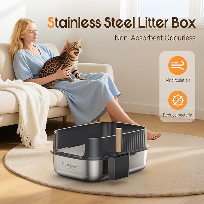 Stainless Steel Litter Box XL Extra Large Enclosed Cat Litter Boxes with Lid for Big Cats Metal Litter Pan High Sided Splash Proof, Anti-Urine Leakage, Easy Clean, Non-Stick, Includes Scoop (Grey)