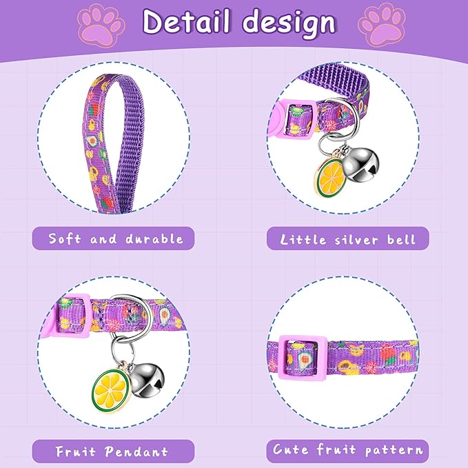 Frienda 12 Pcs Spring Summer Breakaway Cats Collars Girl Cat Safety Adjustable Collars with Bell and Summer Fruit Patterns Pendants Set for Pets Decoration(Small)