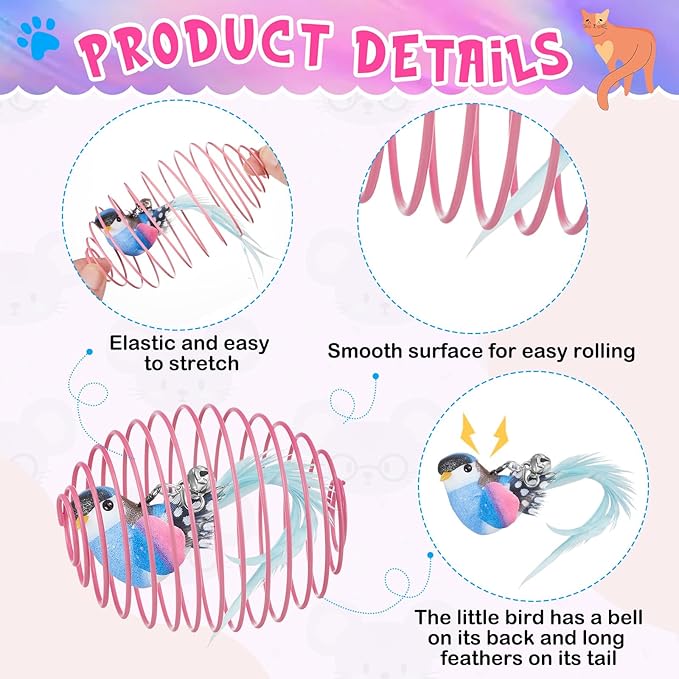 Jecery 5 Pcs Cat Spring Balls Toys Stretchable Rolling Balls Colorful Playful Coils Interactive Action Toy Caged Rats for Kitten Pet Supplies (Bird,Multicolor)