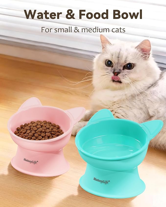 MateeyLife Elevated Cat Bowls, 2P Raised Food and Water Bowl Set for Indoor Cats & Small Dogs, Whisker Fatigue Cat Bowl, Anti Vomit Feeding Pet Bowls, 6 oz Each, Dishwasher Safe - Pink & Green