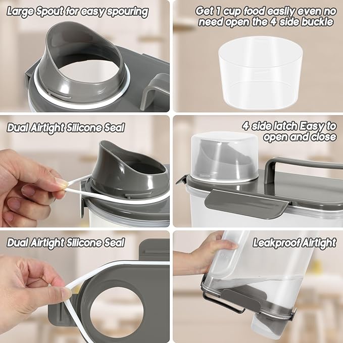 5-7Lbs Cat Dog Pet Food Storage Container with Large Nozzle Design/4 Safety Buckles/Double-Layer Sealing Strips/Handle/Measuring Cup is Easy to Clean and Does -Khaki