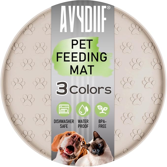 Pet Feeding Mats for Food and Water, Waterproof Anti-Slip Placemats for Dog Cat Bowl, 1 Pack Silicone Pet Food Mat, Dishwasher Safe 10.9 × 10.9 (1 Beige, Small Paws)
