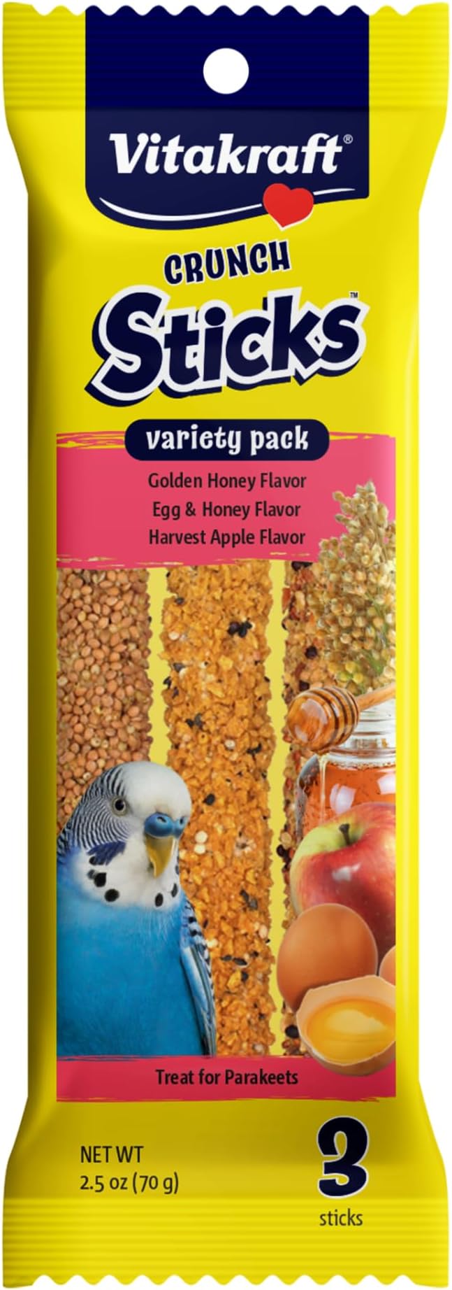 Vitakraft Crunch Sticks Parakeet Treat Variety Pack – 3 Sticks Honey Egg And Apple Flavor - Triple-Baked Sticks With Natural Wood Chew Center Added Vitamins And Minerals - Cage Clip Holder