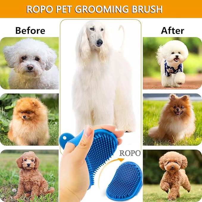 Dog Grooming Brush, CWXZSTM Pet Shampoo Bath Brush Soothing Massage Rubber Comb with Adjustable Ring Handle for Long Short Haired Dogs and Cats 2pcs