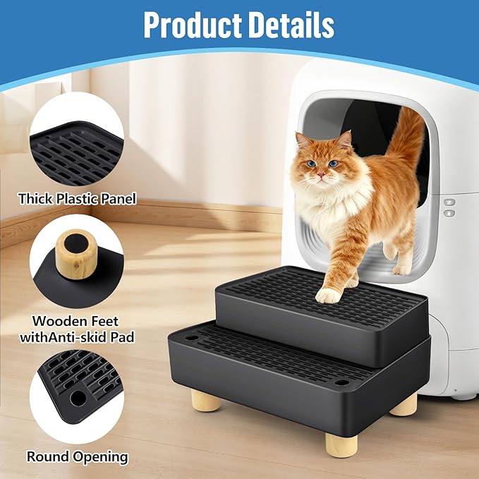 Extra Large 2 Steps Cat Litter Box Step Ramp, Cat Litter Catcher Mat with Wooden Feet, Filter Function, Cat's Pedal Stool for Self-Cleaning Litter, Suitable Kitten & Elderly Cats (Black)