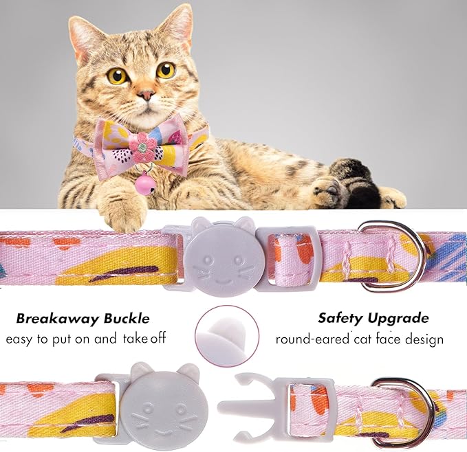 Cat Collar Breakaway, HYQHYX Floral Kitten Collar with Bell, Cute Cat Collar with Bow for Girl Boy Removable Bowtie