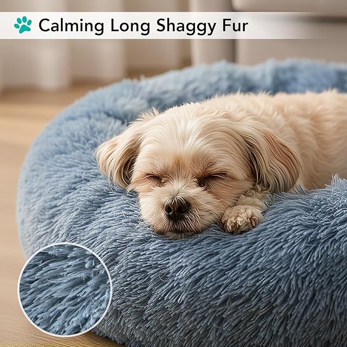 PetAmi Calming Dog Bed for Small & Medium Dogs and Cats, 23 Round Donut Dog Bed, Washable Fluffy Faux Fur Puppy & Cat Bed, Anti-Anxiety Plush Cuddler Pet Bed with Anti-Slip Bottom - Blue