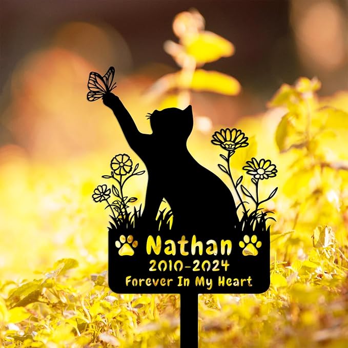 Custom Butterfly Cat Grave Marker Outdoor Metal Memerial Stake, Personalized Cat Memorial Grave Marker with Paws, Customized Flowers Cat Memorial Statue Plaque Garden Stake Cat Headstone